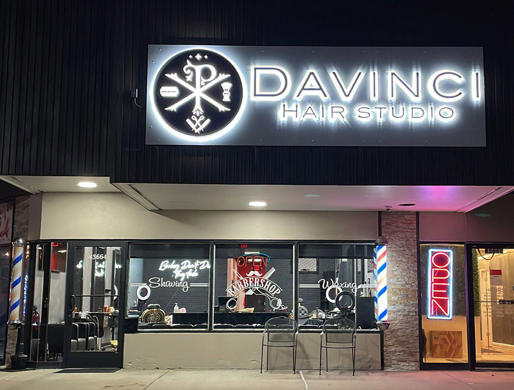 backlit-Channel-letter -davinci-night backlit channel letter storefront sign for barber shop