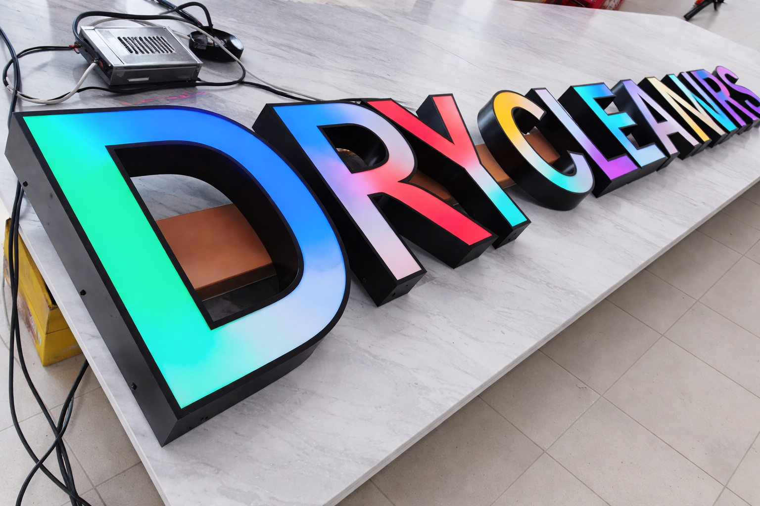 RGB LED channel letter sign for dry cleaning outdoor storefront