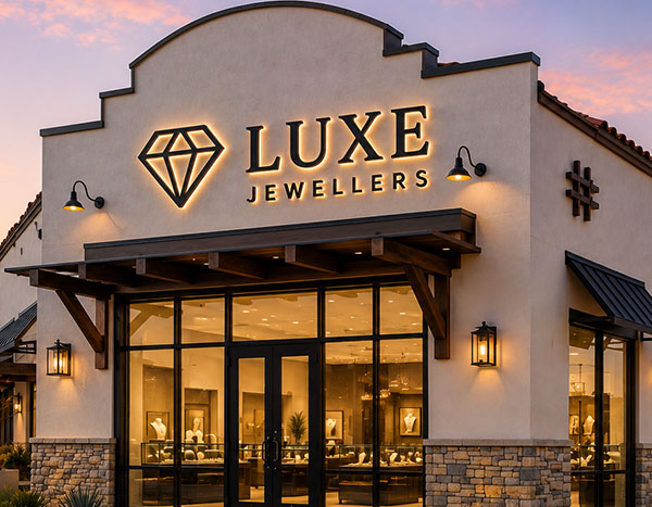 Storefront Signs halo lit channel letters at dusk