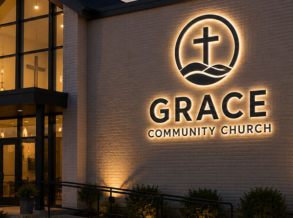 grace-church–outdoor-business-sign backlit halo lit channel letters for a church building