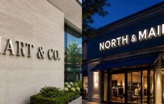 Dimensional Metal Letters vs. Channel Letters - left half: brushed stainless dimensional letters, corporate lobby, daylight. Right half: face-lit channel letters, storefront, illuminated at night.