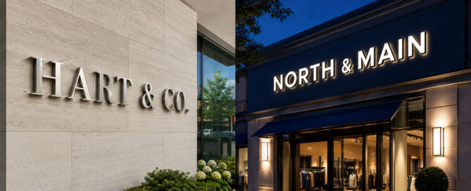 Dimensional Metal Letters vs. Channel Letters: Which Architectural Sign Is Right for Your Building? Dimensional Metal Letters vs. Channel Letters - left half: brushed stainless dimensional letters, corporate lobby, daylight. Right half: face-lit channel letters, storefront, illuminated at night.