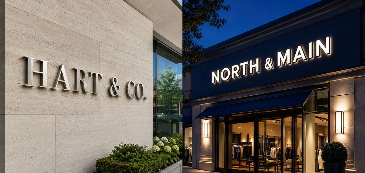 Dimensional-Metal-Letters-vs-channel-letters-lr Dimensional Metal Letters vs. Channel Letters - left half: brushed stainless dimensional letters, corporate lobby, daylight. Right half: face-lit channel letters, storefront, illuminated at night.