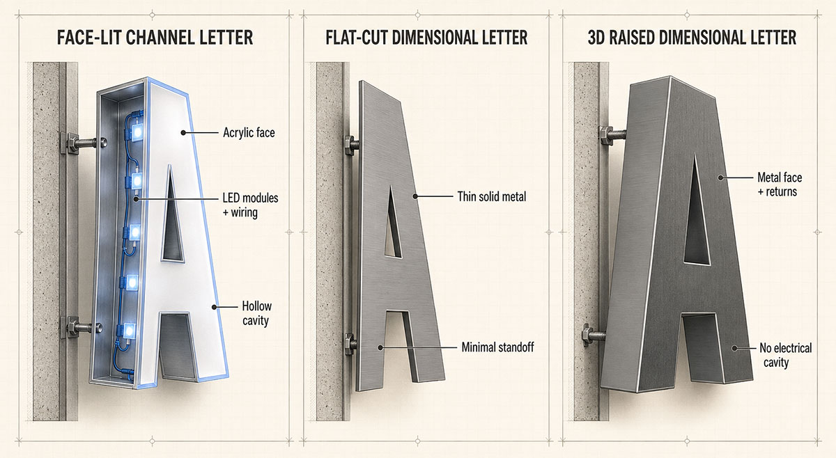 flat-cut-and-3d-Metal-Letters-vs-channel-letters-lr channel letter (hollow, LED + wiring) vs. flat-cut dimensional letter vs. 3D raised dimensional letter (returns, no cavity).