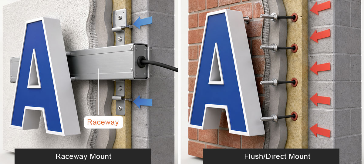 raceway-mount-vs-flush-mount-diagram cutaway diagram showing raceway mounting brackets versus individual flush mount studs through EIFS or brick wall