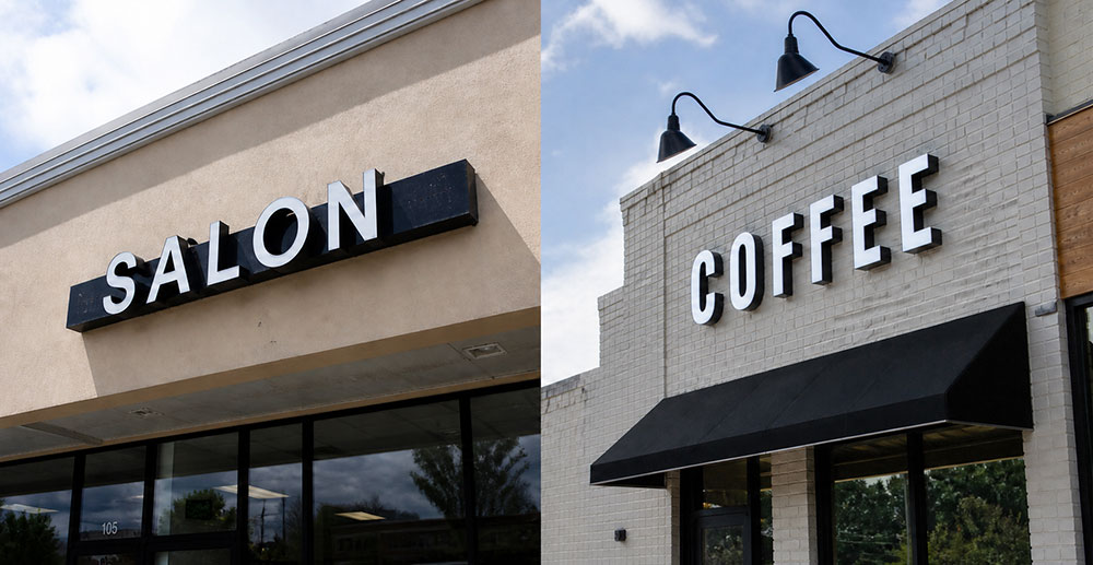 raceway-mount-vs-flush-mount raceway mounted channel letters compared to flush mounted channel letters on a storefront